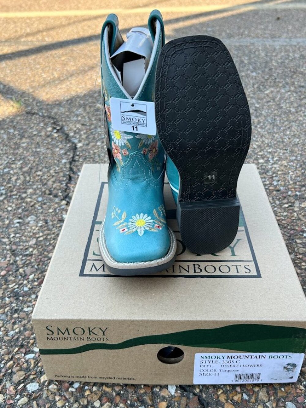 Children's Desert Flowers Design Turquoise Leather Square Toe Boots Size 11